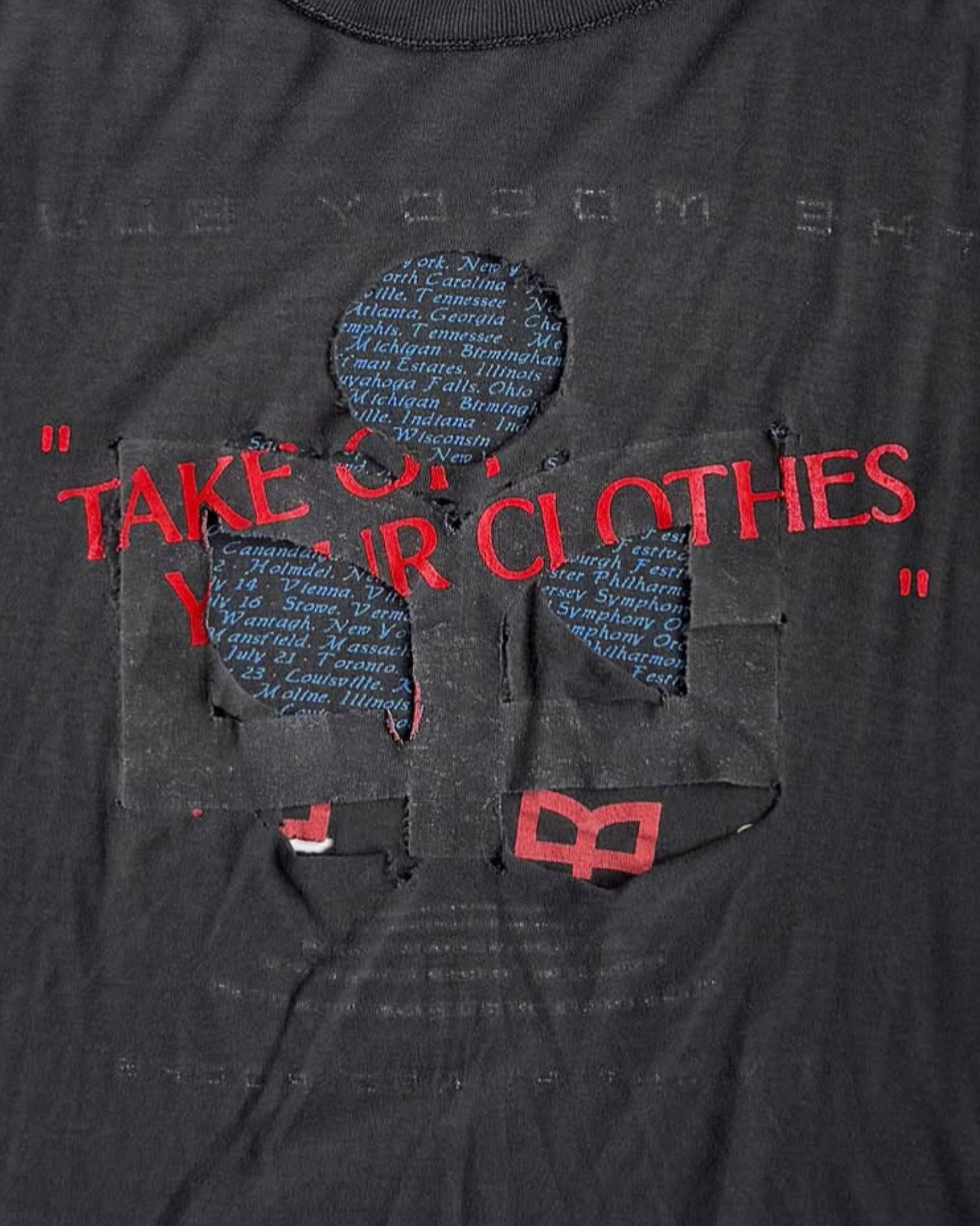 Emily Dawn Long, "Take Off Your Clothes" custom typeface printed on found vintage shirts